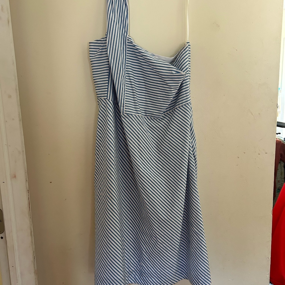 Banana Republic Blue and White Striped One-Shoulder Dress size 12 nautical